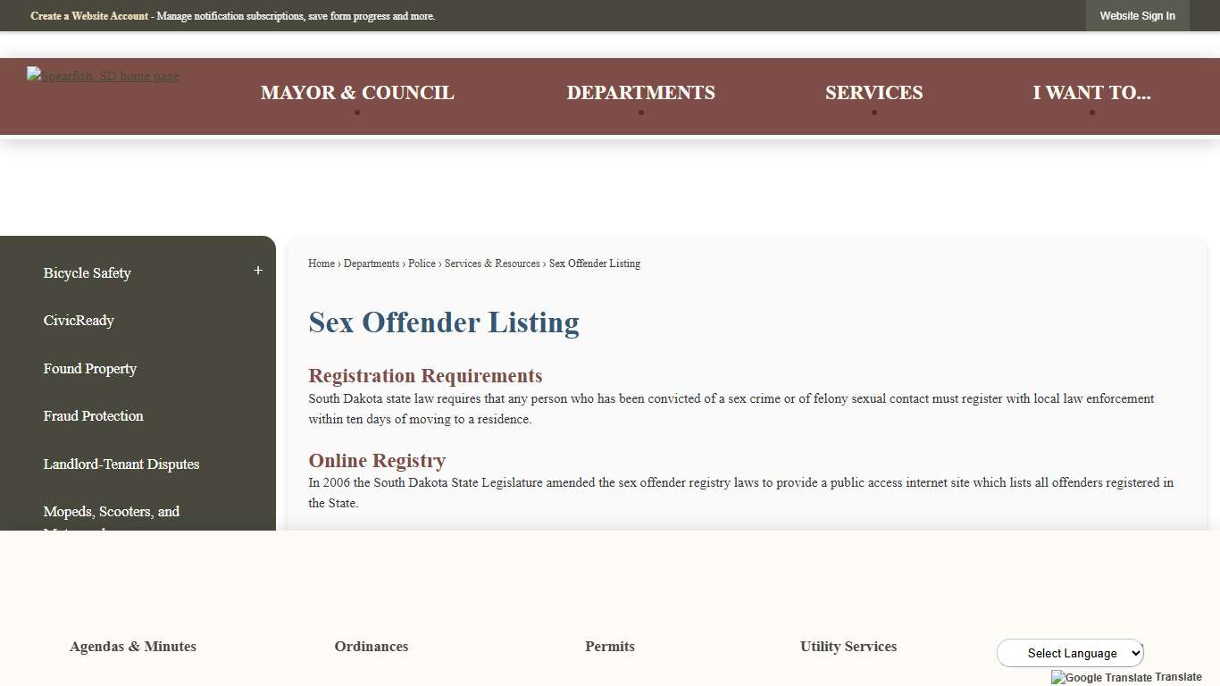 Sex Offender Listing | Spearfish, SD